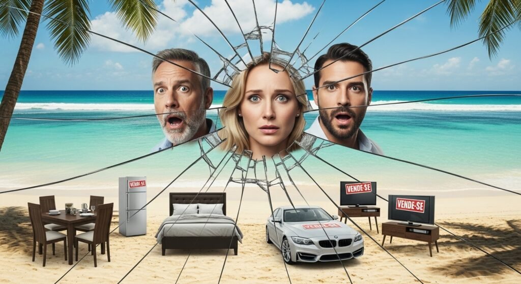 Imagem conceitual de um sonho desfeito: os rostos chocados de uma família através de um vidro quebrado, vendo seus bens como cama, carro e TVs com placas de 'Vende-se' em uma praia paradisíaca, simbolizando uma crise financeira inesperada.