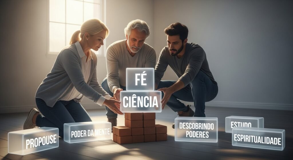 Imagem conceitual da Descobrindo Poderes: três pessoas (uma família) construindo uma base de tijolos e colocando blocos de luz com as palavras FÉ e CIÊNCIA. Outros blocos ao redor mostram os termos PODER DA MENTE e ESPIRITUALIDADE, simbolizando a construção de uma vida com fundamentos sólidos, unindo a fé e a ciência na jornada do autoconhecimento.