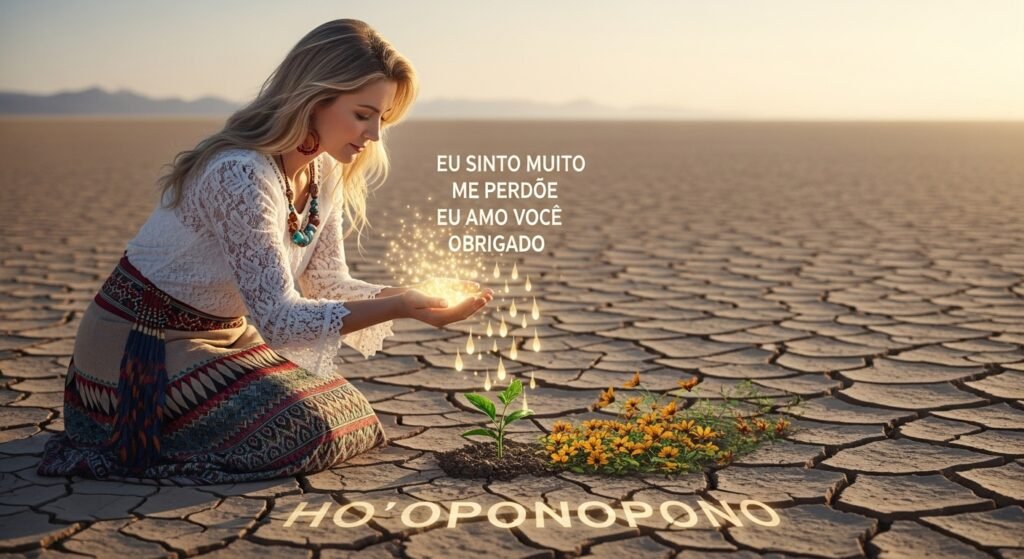Imagem simbólica do Ho'oponopono: uma mulher ajoelhada em um deserto de terra rachada, gerando luz e água com as mãos. Onde as gotas caem, a vida floresce com plantas e flores, representando a cura e a transformação que a prática do perdão e da gratidão pode trazer mesmo nos momentos mais áridos da vida.