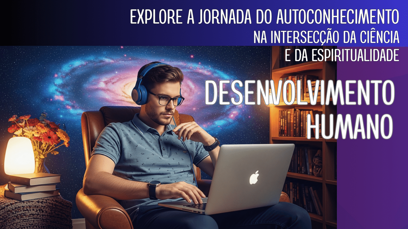 Homem estudando em um laptop em um ambiente aconchegante, com uma janela para uma galáxia, ilustrando a união da ciência (aprendizado) e da espiritualidade (o cosmos) na jornada do desenvolvimento humano.