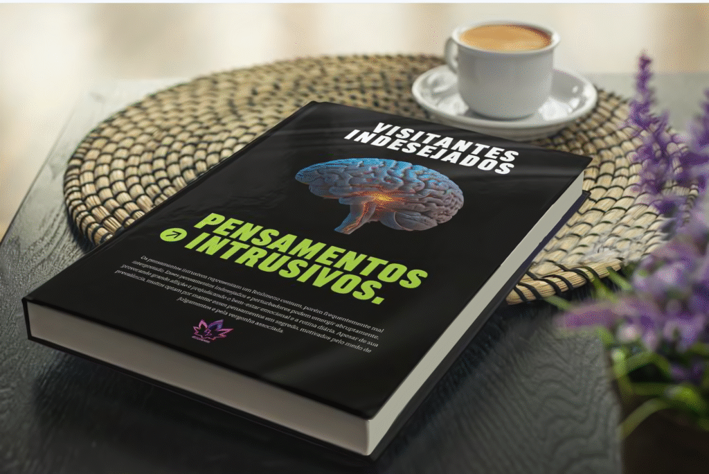 Mockup da capa do e-book 'Visitantes Indesejados - Pensamentos Intrusivos', apresentado de forma profissional sobre uma mesa com uma xícara de café, simbolizando um guia para estudo e autoconhecimento.