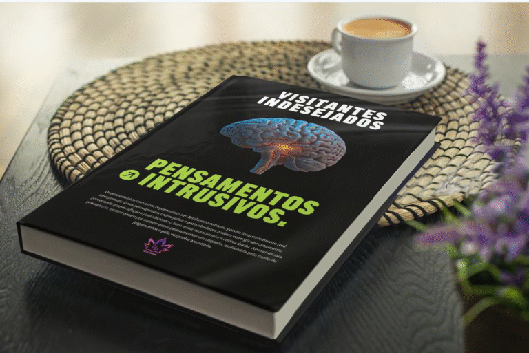 Mockup da capa do e-book 'Visitantes Indesejados - Pensamentos Intrusivos', apresentado de forma profissional sobre uma mesa com uma xícara de café, simbolizando um guia para estudo e autoconhecimento.