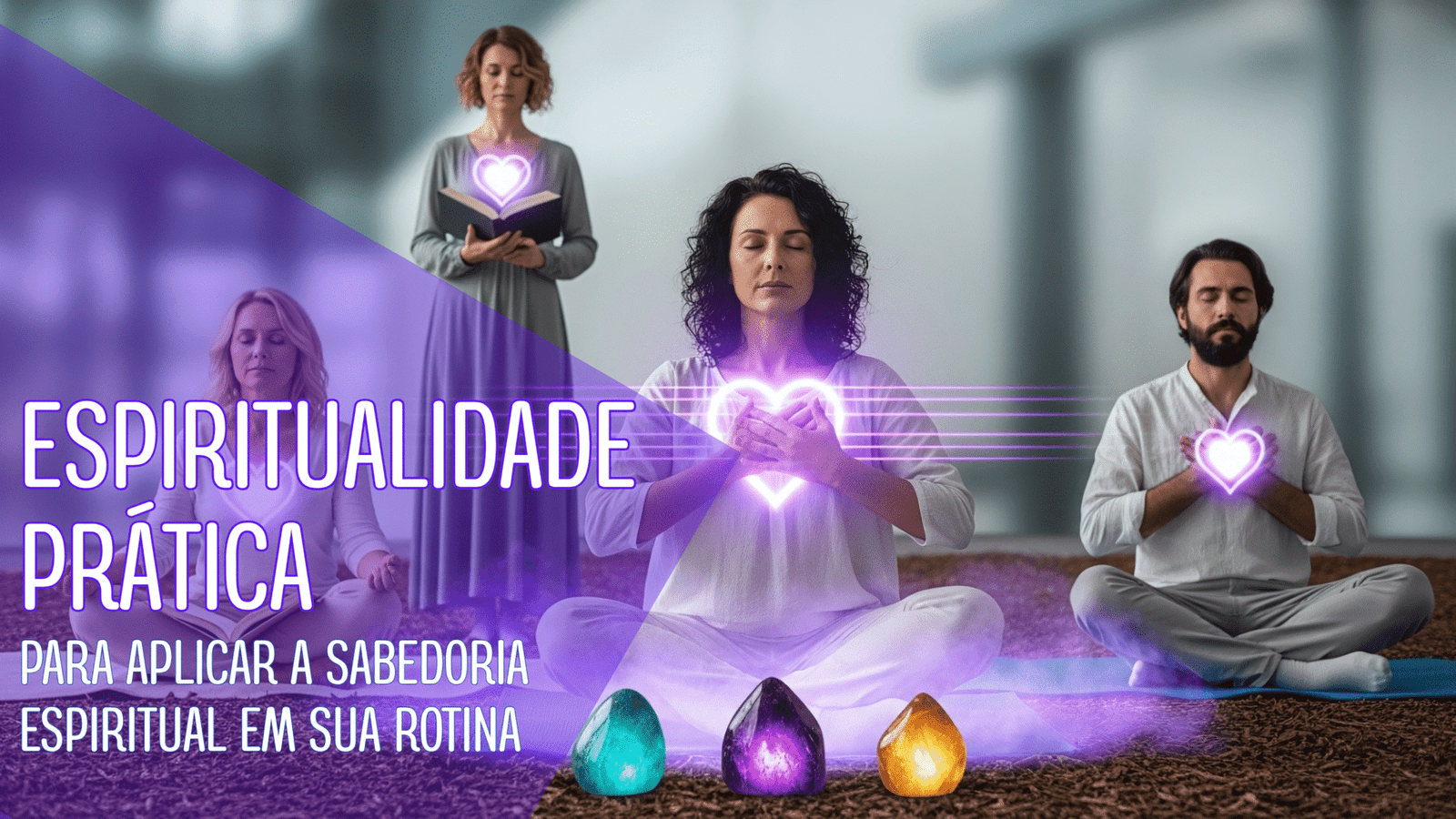 Imagem conceitual para Espiritualidade Prática: um grupo de pessoas meditando em um ambiente sereno, com corações brilhantes e cristais de energia, simbolizando a aplicação da paz interior e da sabedoria na rotina diária.