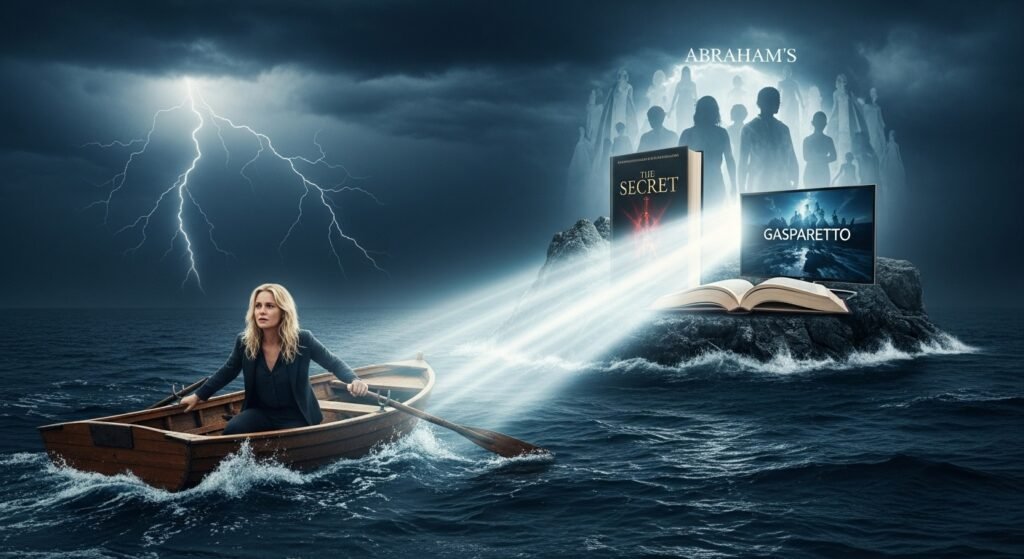 Representação visual da jornada 'A Travessia': uma mulher em um barco rema por um mar tempestuoso, guiada por uma luz vinda de uma ilha onde estão seus aliados espirituais - o livro 'O Segredo', Gasparetto e os ensinamentos de Abraham Hicks.