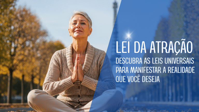 Mulher madura meditando com serenidade em um parque, com a Torre Eiffel ao fundo, simbolizando a manifestação de uma vida de paz e desejos realizados através da Lei da Atração.