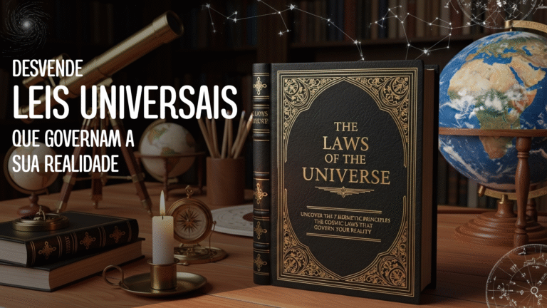 Cena de estudo sobre as Leis Universais: um livro antigo e ornamentado em destaque sobre uma mesa com um globo, um telescópio e uma vela, representando a busca pela sabedoria hermética e os princípios que governam o universo.
