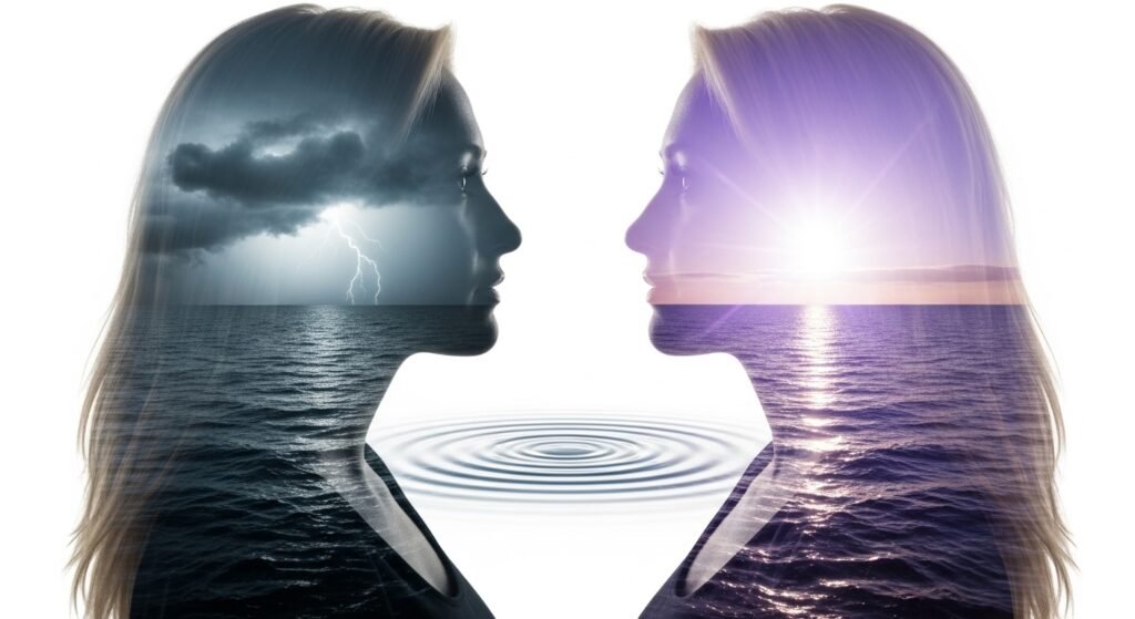 Imagem de dupla exposição da silhueta de uma mulher. À esquerda, a mente preenchida por um mar tempestuoso com raios, representando o caos. À direita, a mesma mente preenchida por um mar calmo e um nascer do sol sereno, simbolizando a transformação para a paz interior.