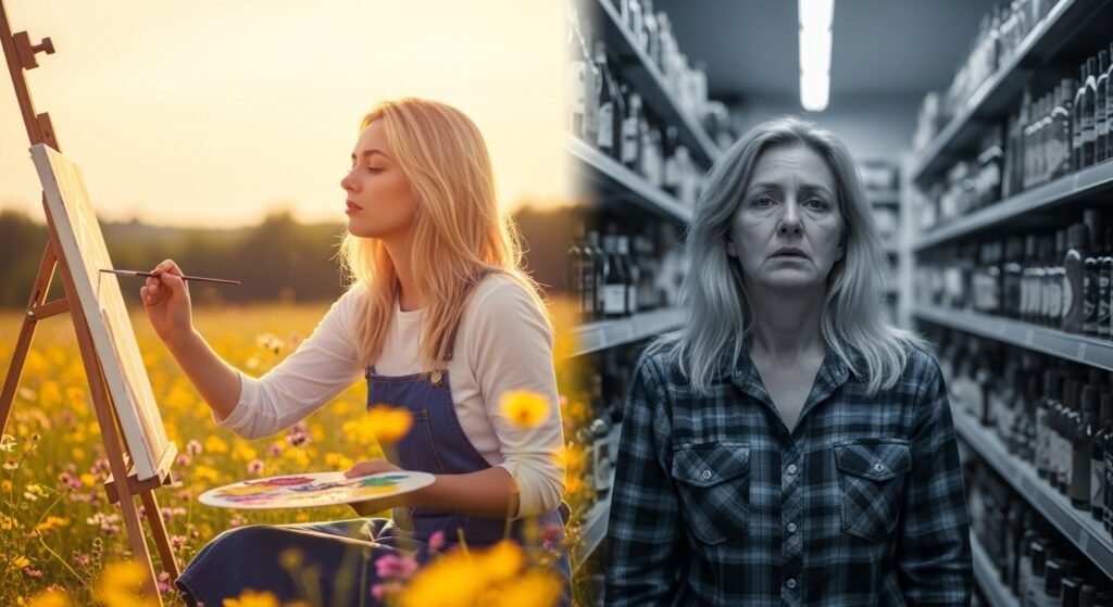 Imagem conceitual da dualidade da vida: à esquerda, uma mulher jovem e vibrante pinta em um campo florido ao pôr do sol; à direita, a mesma mulher, mais velha e cansada, em preto e branco, perdida em um corredor de supermercado. Simboliza o conflito entre a alma criativa e a rotina desgastante.