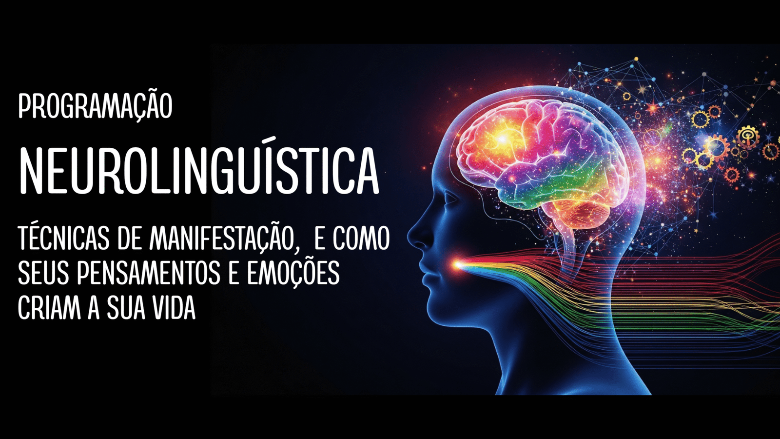 Imagem conceitual para Programação Neurolinguística: um cérebro vibrante e colorido dentro de uma cabeça, com feixes de luz saindo da boca, simbolizando como a linguagem e os pensamentos moldam a neurologia.