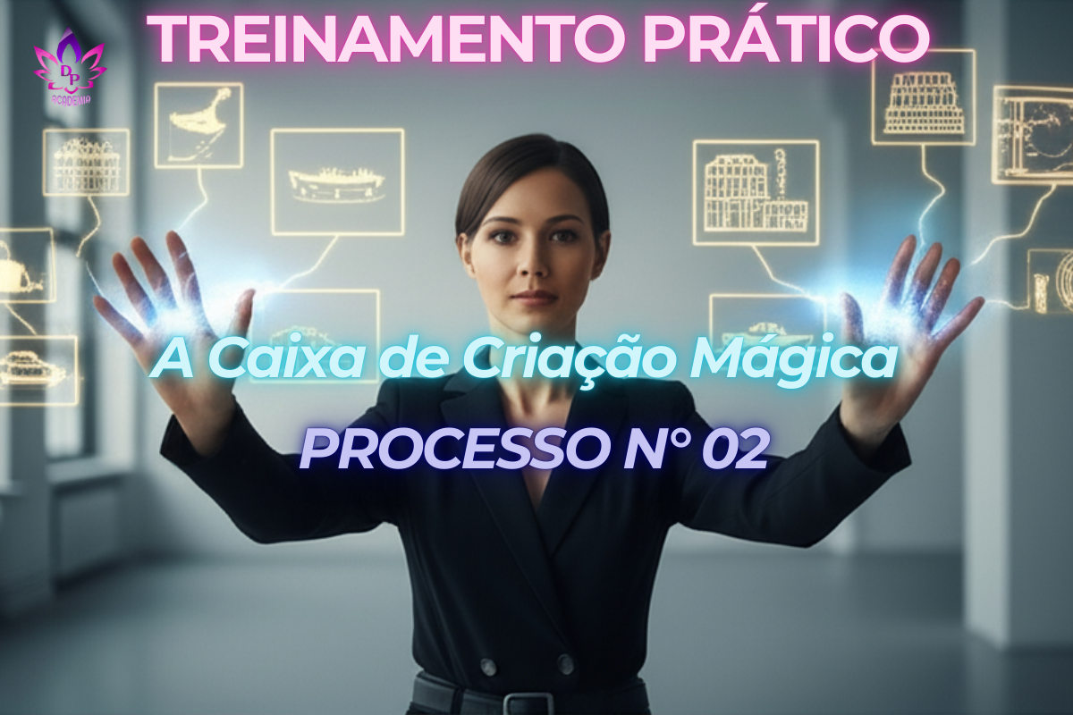 Ilustração da **Caixa de Criação Mágica** (Processo 02 de Abraham Hicks). Mulher manifestando seus desejos, representando o ato de focar e organizar metas.