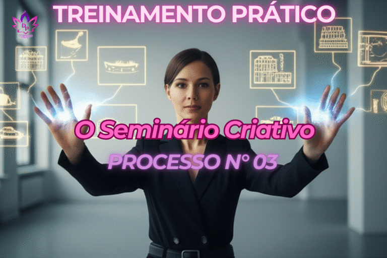 Ilustração do **Seminário Criativo** (Processo 03 de Abraham Hicks). Mulher representando o ato de focar e desenhar a própria realidade.