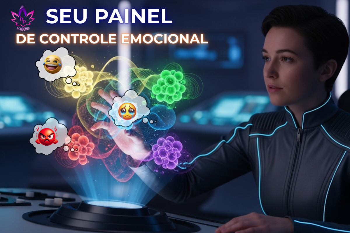 Uma pessoa interagindo com representações holográficas e coloridas de emoções, como alegria (amarelo), tristeza (azul), raiva (vermelho), medo (roxo) e nojo (verde), simbolizando o conceito de gestão emocional inspirado no filme 'Divertida Mente'."
