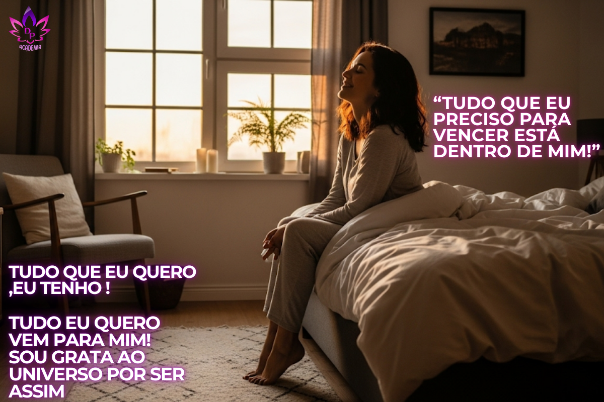 "Mulher em seu quarto pela manhã, com expressão radiante e em paz, praticando sua rotina de afirmações positivas sobre poder interior para transformar o dia, unindo fé e ciência."