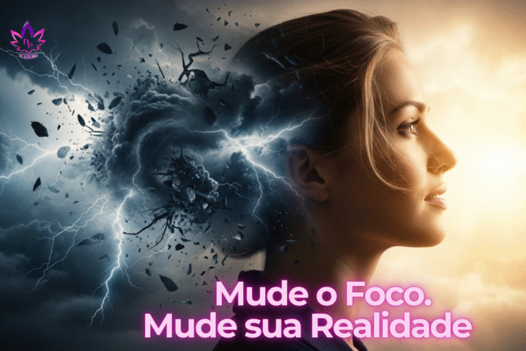 "Imagem conceitual de uma mulher virando o rosto de uma nuvem escura de pensamentos negativos para uma luz dourada e serena, representando a técnica da Pivotagem para mudar o foco mental."