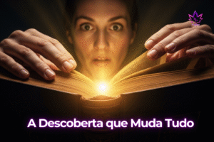 Rhonda Byrne o segredo "Uma mulher com uma expressão de surpresa e descoberta, olhando para uma luz brilhante que emana de um livro antigo, representando o momento crucial na criação de 'O Segredo' por Rhonda Byrne."