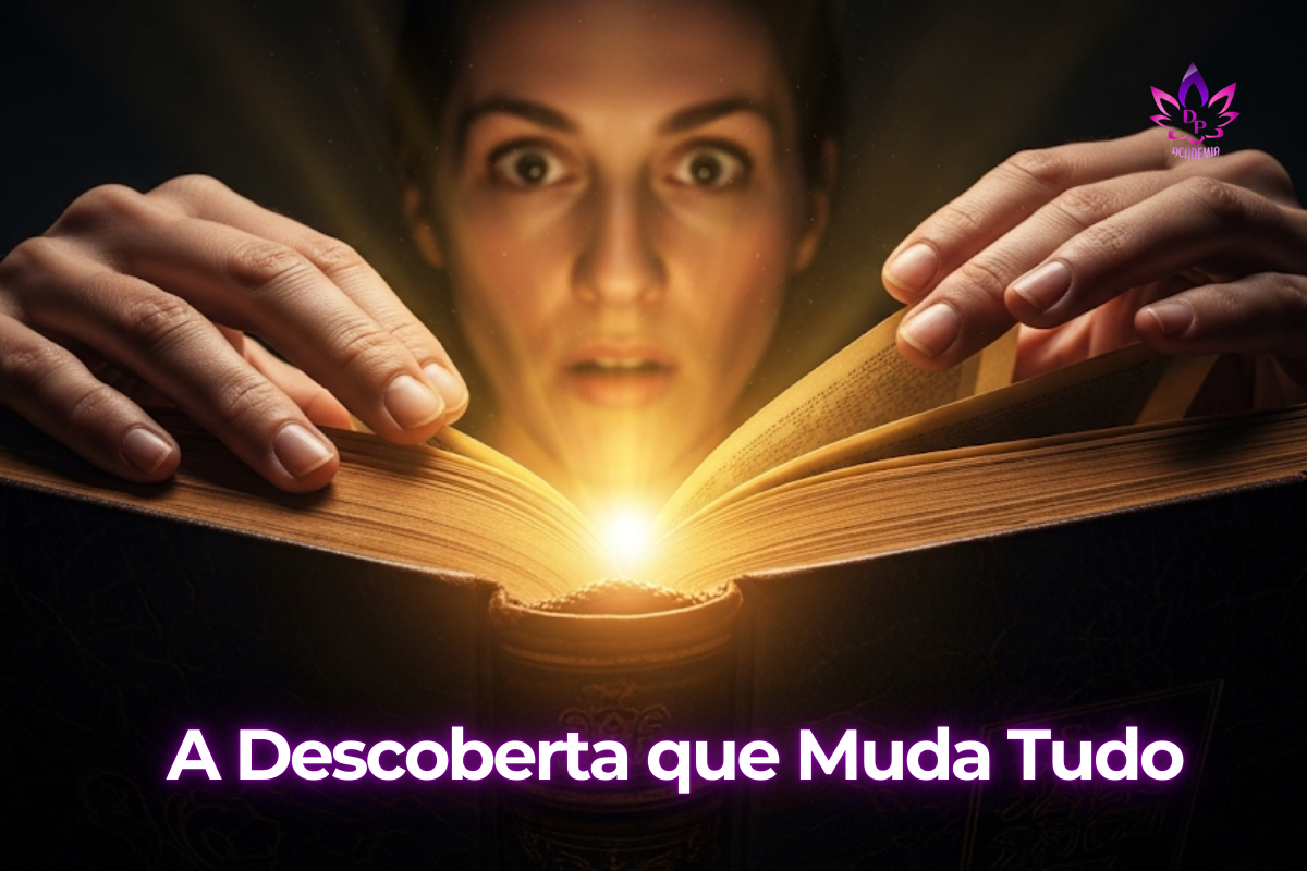 Rhonda Byrne o segredo "Uma mulher com uma expressão de surpresa e descoberta, olhando para uma luz brilhante que emana de um livro antigo, representando o momento crucial na criação de 'O Segredo' por Rhonda Byrne."