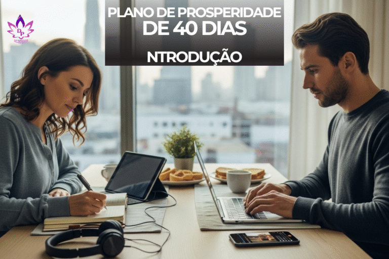 Casal em apartamento urbano praticando o Plano de Prosperidade de 40 Dias pela manhã, escrevendo e usando notebook.