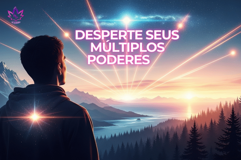 Imagem sobre autoconhecimento: uma pessoa observando múltiplos caminhos de luz em uma paisagem, simbolizando a jornada para descobrir suas múltiplas inteligências e poder interior.