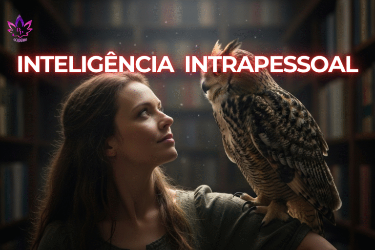 Mulher com uma coruja no ombro, em uma biblioteca, representando a jornada de autoconhecimento e a sabedoria interior da Inteligência Intrapessoal.