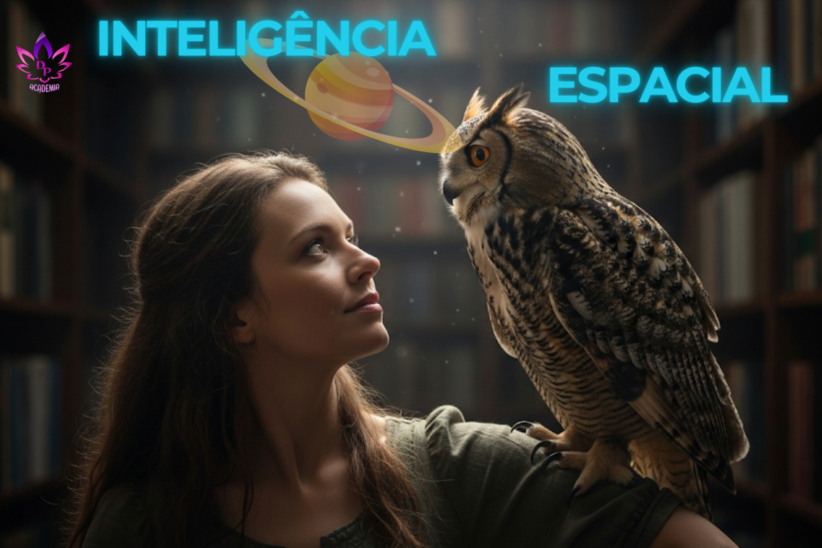 Imagem para a Inteligência Espacial, com uma mulher e uma coruja, simbolizando a sabedoria de perceber e organizar mentalmente o espaço e o mundo visual.