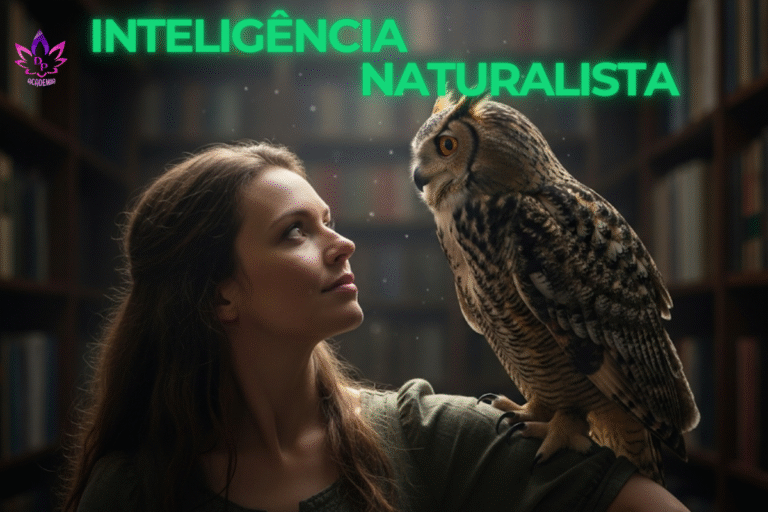 Imagem para a Inteligência Naturalista, com uma mulher e uma coruja, simbolizando a sabedoria de observar e entender os padrões do mundo natural.