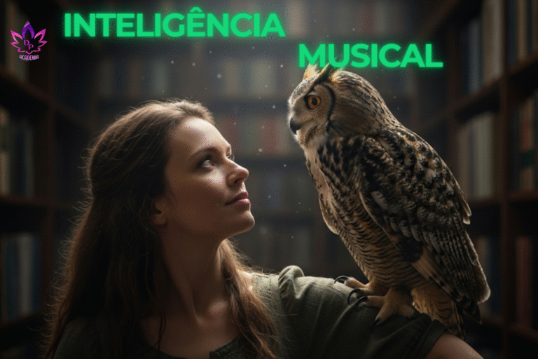 Imagem para a Inteligência Musical, mostrando uma mulher e uma coruja em uma biblioteca, simbolizando a sabedoria de perceber, criar e apreciar a música e a harmonia.