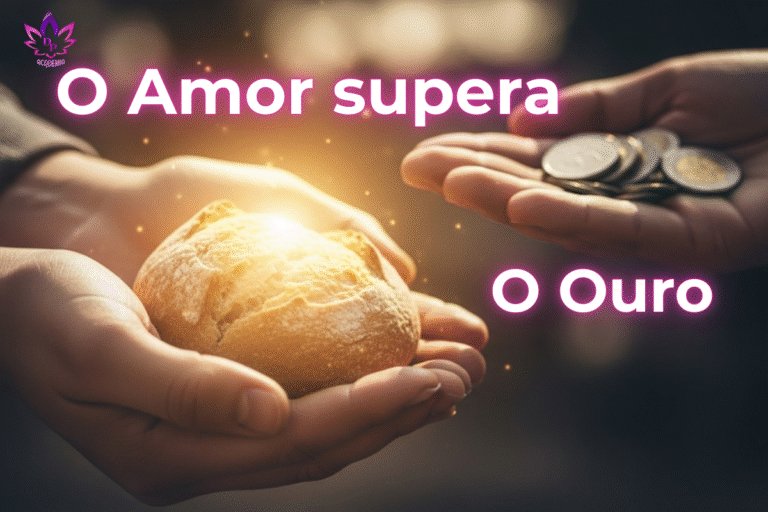 "Mãos oferecendo um pão quente e brilhante, contrastando com outras mãos oferecendo moedas, simbolizando a lição de Chico Xavier de que o amor e a caridade são a verdadeira riqueza."
