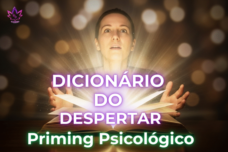 Uma pessoa com expressão de despertar recebe uma luz intensa de um livro, simbolizando o insight do conceito de priming psicológico.