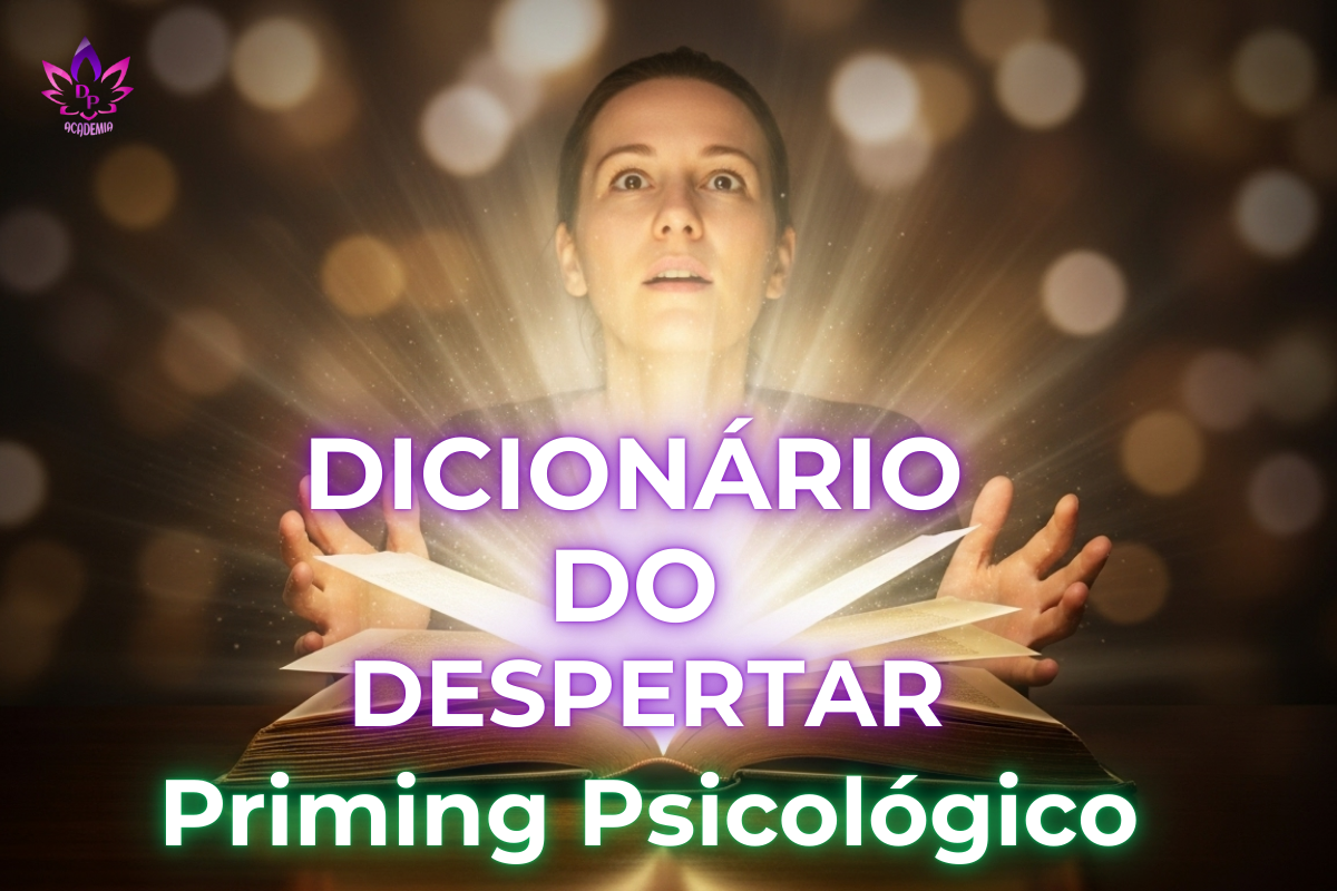 Uma pessoa com expressão de despertar recebe uma luz intensa de um livro, simbolizando o insight do conceito de priming psicológico.