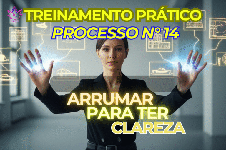 Imagem do Processo 14 de Abraham Hicks sobre **arrumar para ter clareza**. Mulher manifestando paz, representando a clareza mental que vem da organização.