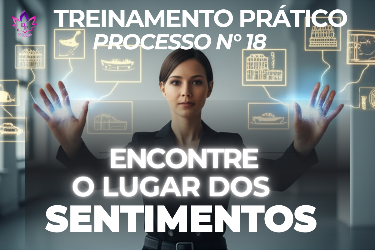 Imagem de capa do Treinamento Prático Processo Nº 18: Encontre o Lugar no Sentimento Mulher projeta energia com as mãos enquanto ícones holográficos de desejos (casas, barcos) flutuam ao redor, simbolizando a manifestação ativa e o poder vibracional.