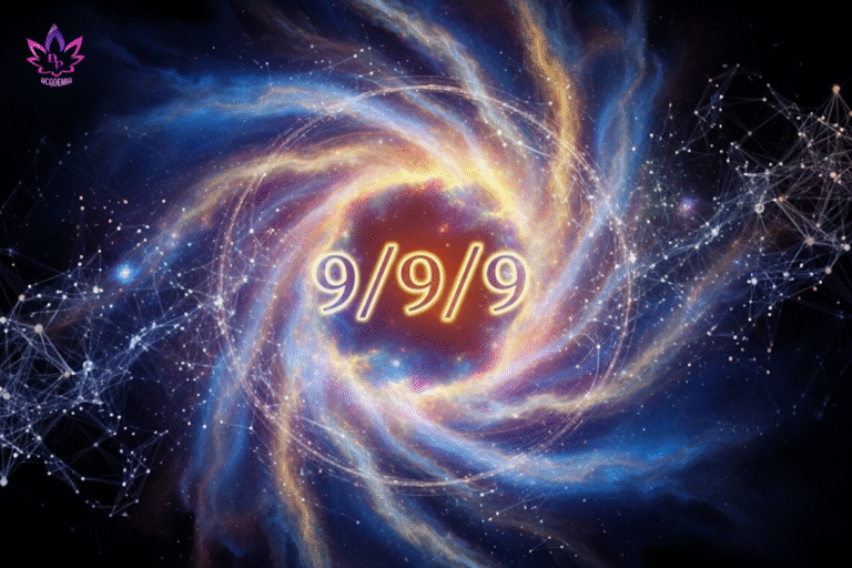 Imagem abstrata do portal energético 9/9/9, mostrando um vórtice cósmico de luz dourada e azul conectado a redes neurais, simbolizando a união da numerologia com a neurociência.