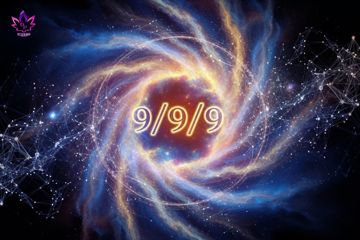 Imagem abstrata do portal energético 9/9/9, mostrando um vórtice cósmico de luz dourada e azul conectado a redes neurais, simbolizando a união da numerologia com a neurociência.