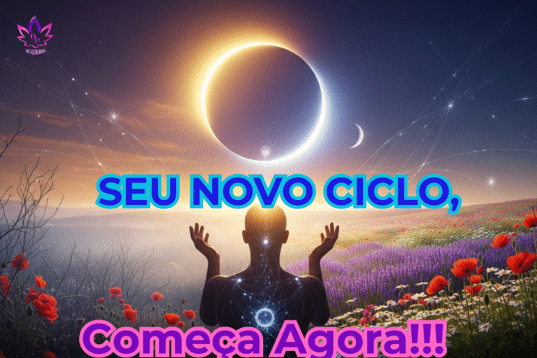 Imagem de um eclipse solar com raios de luz, simbolizando como aproveitar a energia do eclipse para a renovação espiritual.