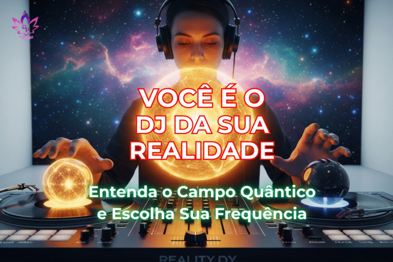 IMulher DJ controlando o universo quântico, simbolizando a escolha da própria frequência vibracional para criar a realidade.