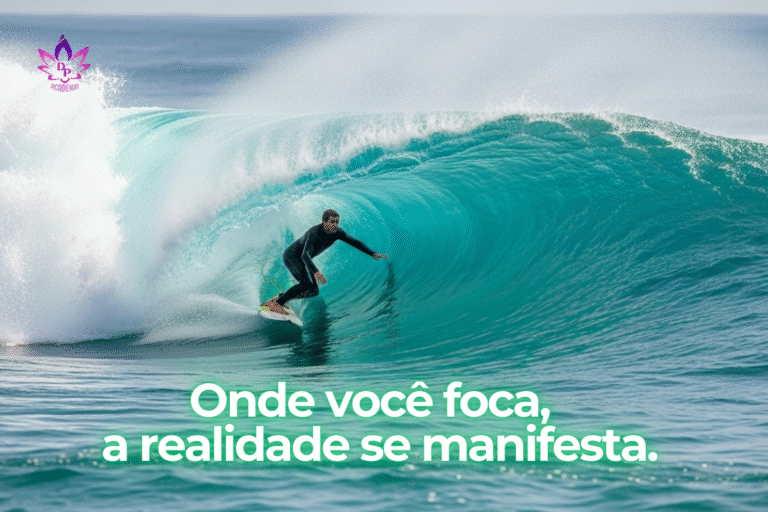 Um surfista profissional navegando com habilidade no tubo de uma onda gigante e translúcida. A imagem simboliza a decoerência quântica, representando como o foco da consciência manifesta o potencial em realidade.