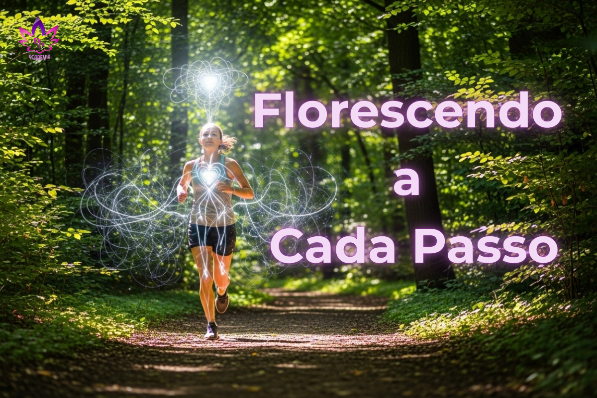 Mulher corre com energia em trilha ensolarada na floresta, representando a jornada para florescer na primavera da alma Conexão Corpo-Mente
