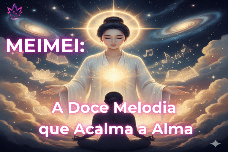 Figura espiritual de Meimei emanando luz e uma doce melodia para uma mulher em meditação, simbolizando a conexão com a alma.
