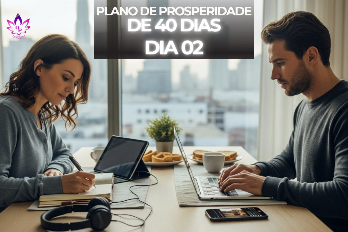 Homem e mulher estudando e praticando o Plano de Prosperidade dia 02 com diário e computador em ambiente iluminado.
