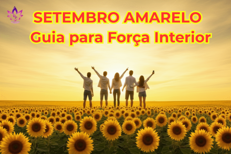 Imagem de capa para a série Guia para Força Interior. Pessoas em um campo de flores amarelas sob um sol brilhante, simbolizando a alegria, a esperança e o apoio mútuo na campanha do Setembro Amarelo.