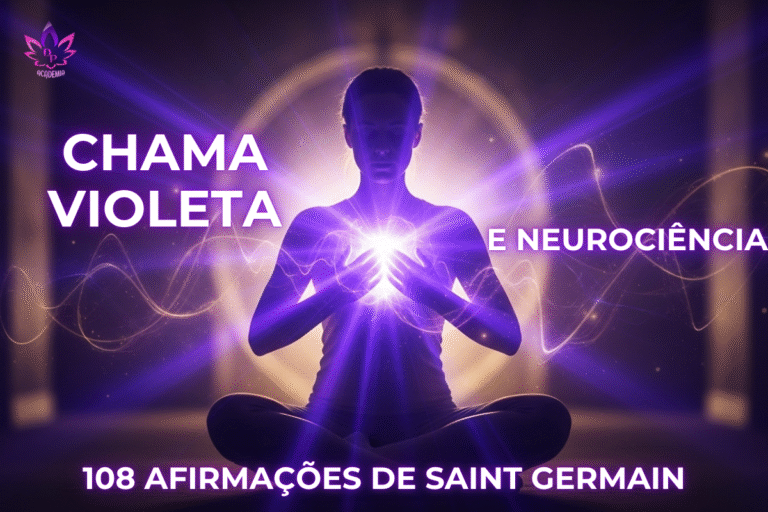 Mulher em meditação banhada por Chama Violeta E NEUROCIÊNCIA representando a neuroplasticidade e a transmutação