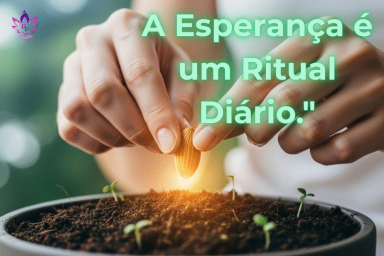 Mãos delicadas cultivando a esperança ao plantar uma semente de luz dourada, simbolizando os rituais diários para a saúde mental.