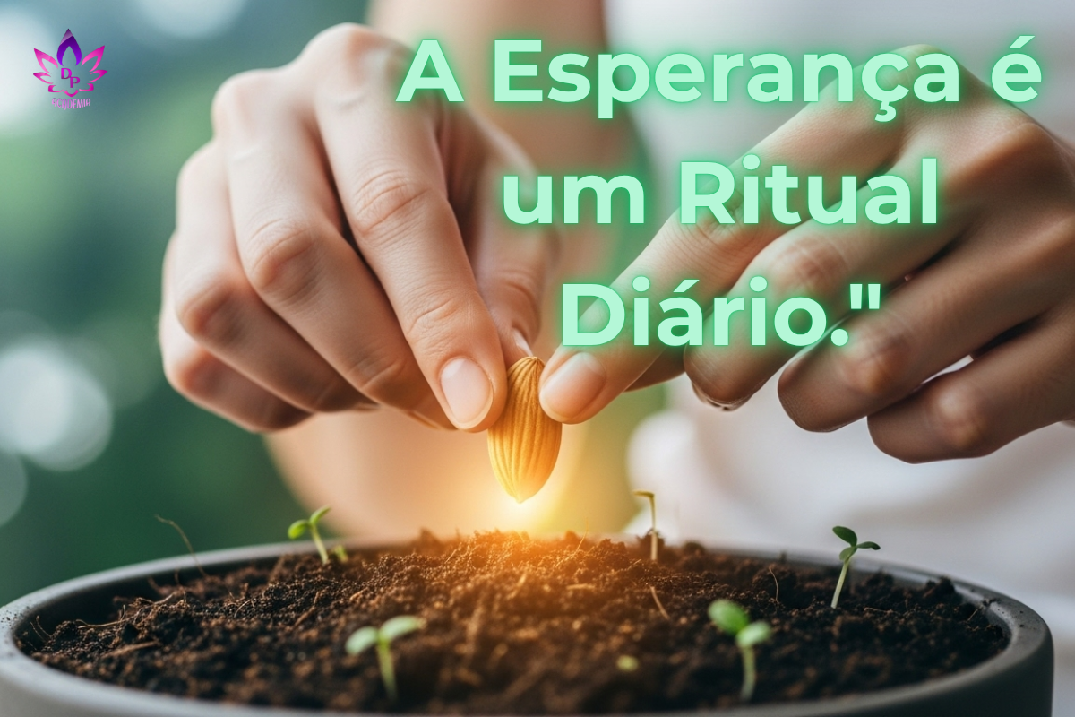 Mãos delicadas cultivando a esperança ao plantar uma semente de luz dourada, simbolizando os rituais diários para a saúde mental.