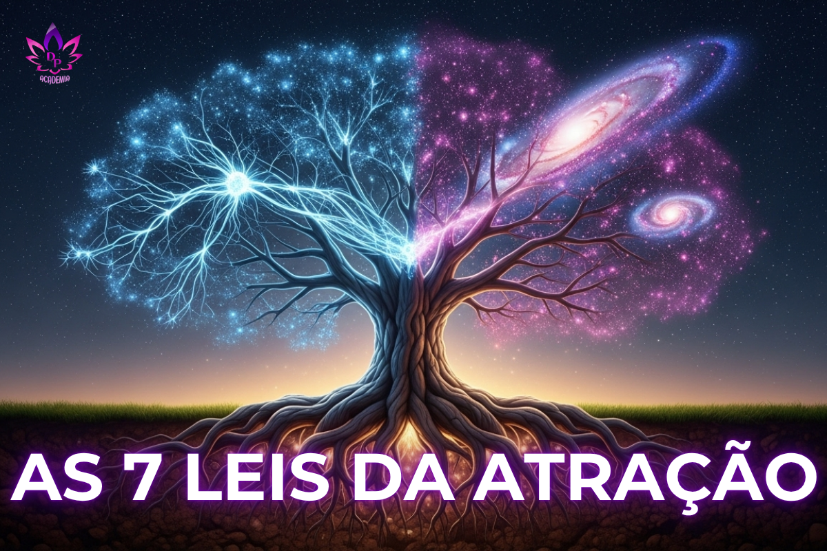 Árvore da vida cósmica simbolizando as 7 leis da atração de Deepak Chopra, com raízes brilhantes na terra e galhos se dividindo em uma rede neural azul (ciência) e uma galáxia roxa (espiritualidade). Representa a conexão mente-universo e a manifestação de intenções.