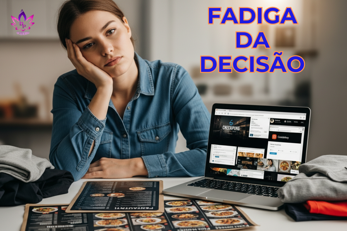 Mulher sentada à mesa com expressão de cansaço, ilustrando o conceito de Fadiga da Decisão, cercada por um laptop, cardápios e roupas.
