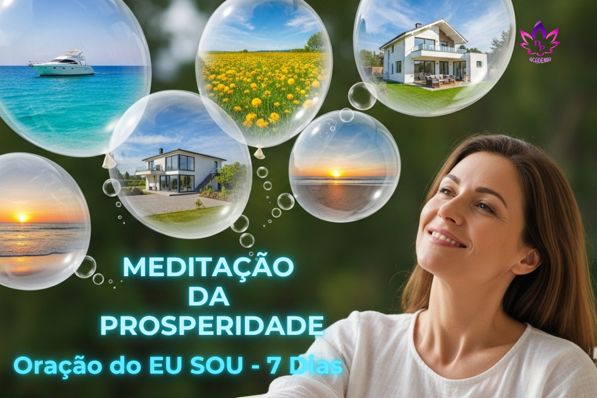 Mulher meditando com balões de pensamento de prosperidade, incluindo casa, barco e campo. Imagem de meditação da prosperidade e manifestação.