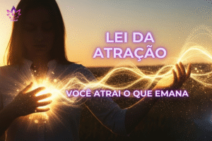 Mulher emanando energia dourada do coração, representando a mensagem de Mariana Rios e a Lei da Atração.