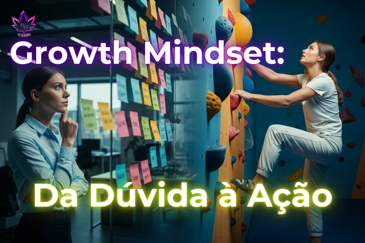 Uma mulher em transição de um ambiente de escritório (mentalidade fixa) para uma parede de escalada (growth mindset), representando o que é Growth Mindset.