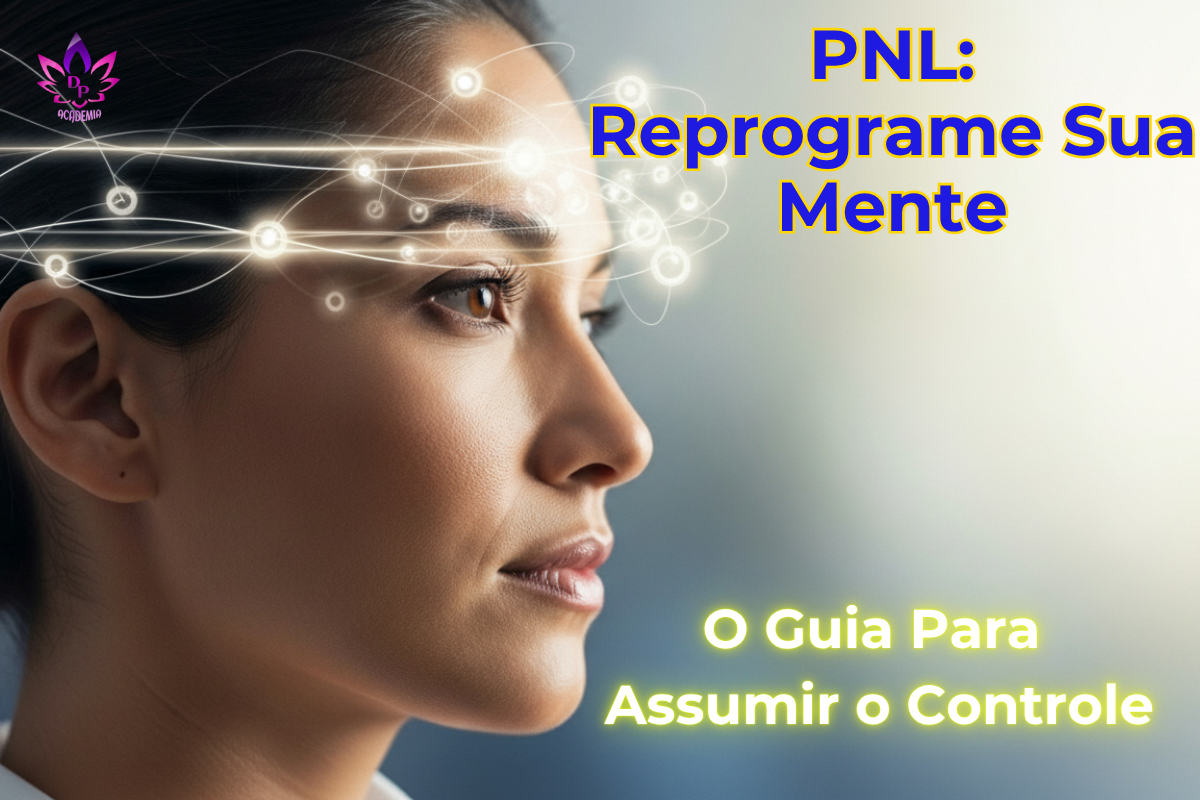 Mulher com conexões mentais luminosas, representando a Programação Neurolinguística (PNL) e a clareza da mente.