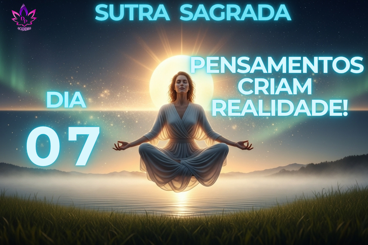 Imagem da Sutra Sagrada com mulher meditando em paz, representando como os pensamentos criam a realidade, no Dia 07.